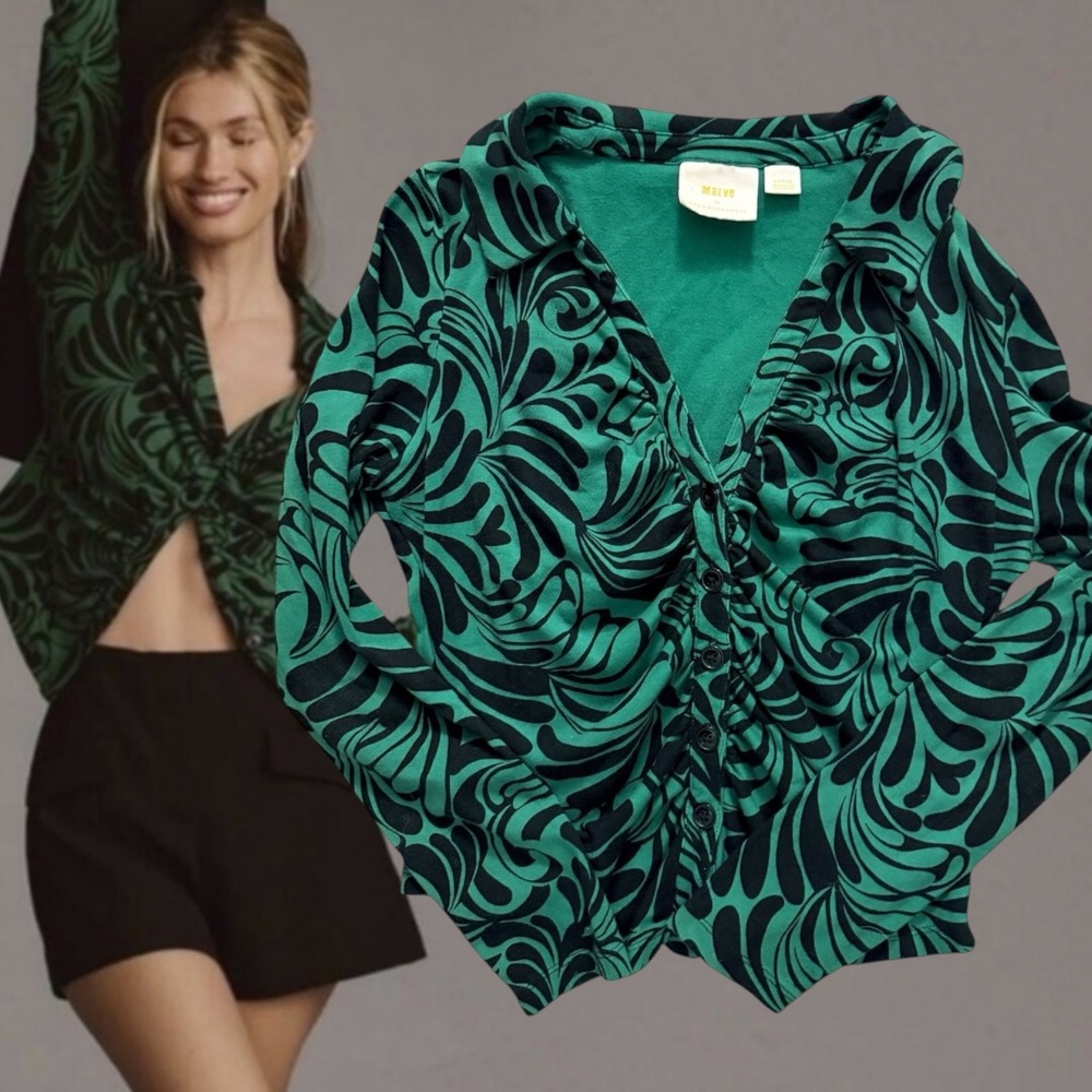 Maeve Anthropologie Ruched Collar Cardigan Emerald Green Black Swirl Large